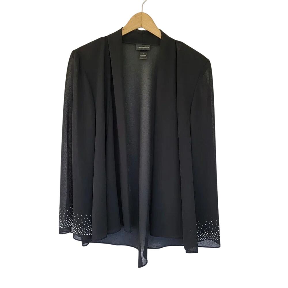 Lane Bryant Sheer Black Cardigan Beaded Cuffs Open Front Women Size 14